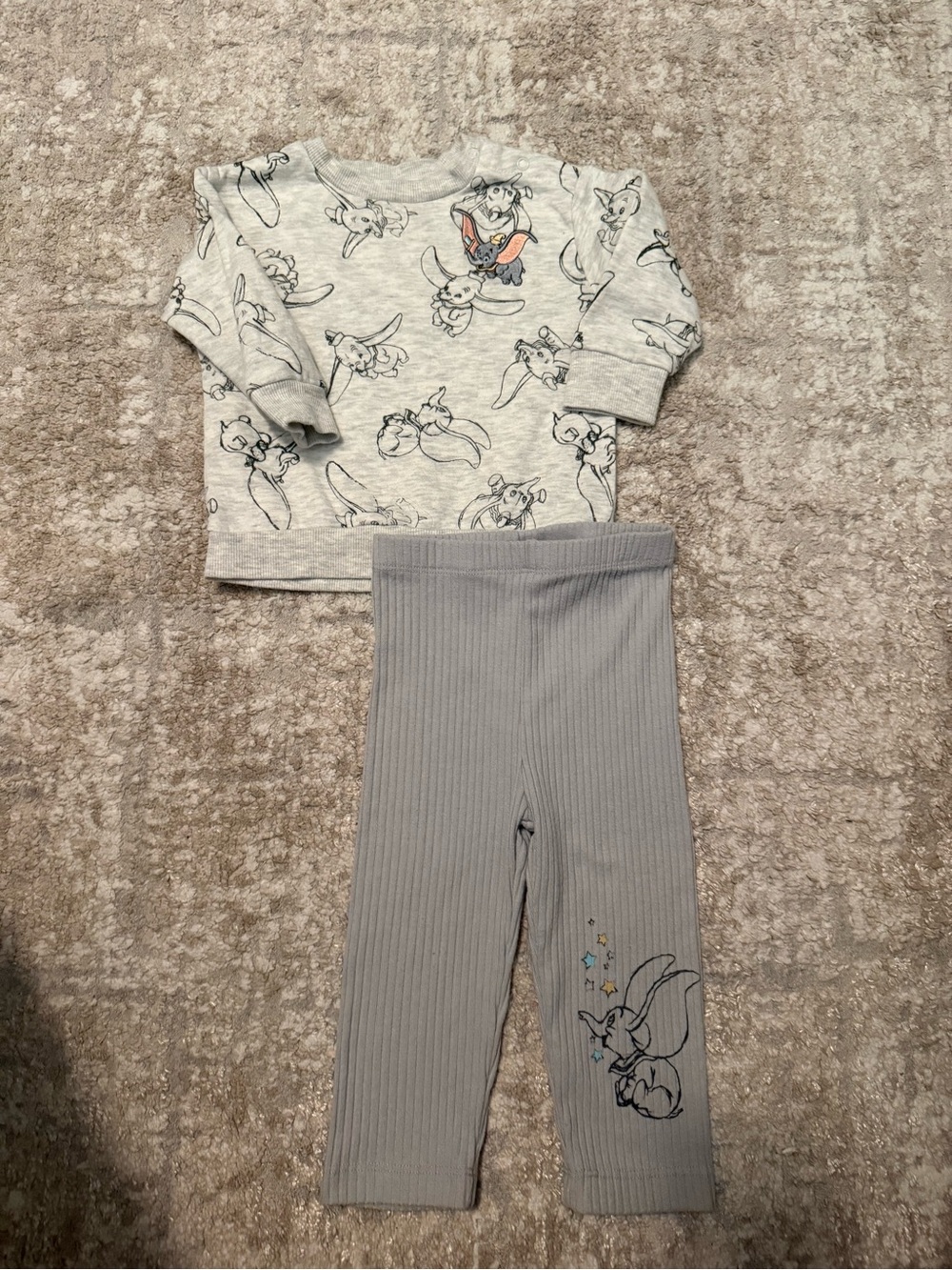 Disney Gray Dumbo Kids Pajama Set - Long Sleeve Top & Ribbed Leggings size 12M